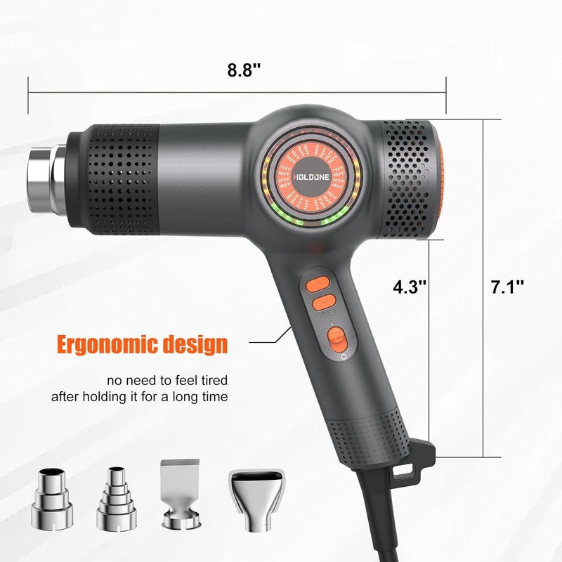 Holdone Heat Gun Fast Heating 1800W 122℉-1202℉ LED 3-color light to display temperature Shrink wrap heat gun with 4 Nozzles for Soften,Car film,Drying - Image 5